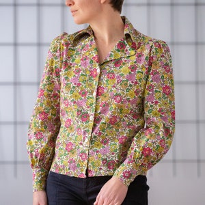Vintage 1960s Floral Blouse in Pink, Yellow & Green for Women Buttoned Open Collar Puff Sleeve Colourful Flower Pattern Top NVS1041 image 10