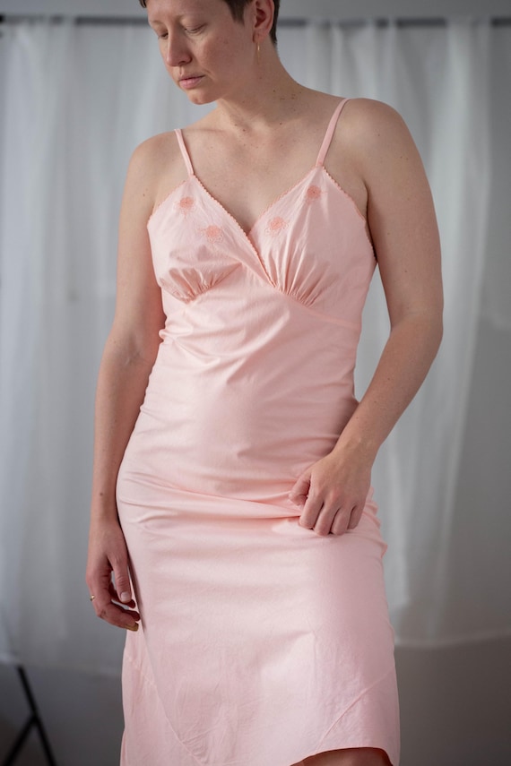 Vintage Cotton Slip Dress: Light Peach Pink Floral Embroidery