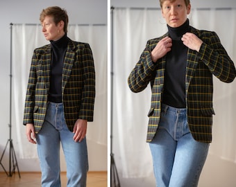Vintage Cacharel Pure Wool Tailored Blazer in Navy Blue, Green & Yellow for Women | Size 36 | Single Breasted Minimal Plaid Jacket NVS951