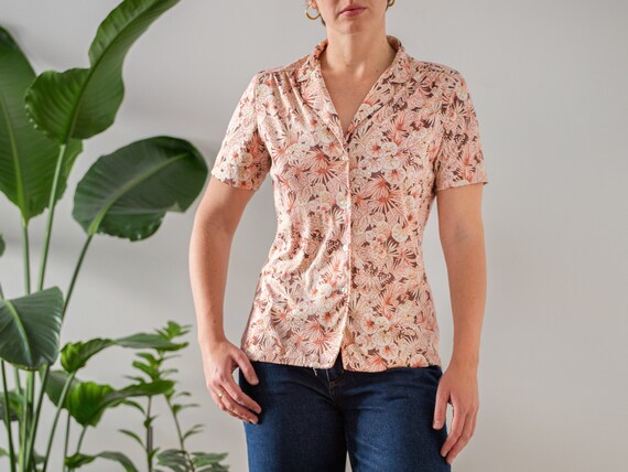 Vintage 1970s Blouse With Floral & Leaf Print in Brown, Salmon 
