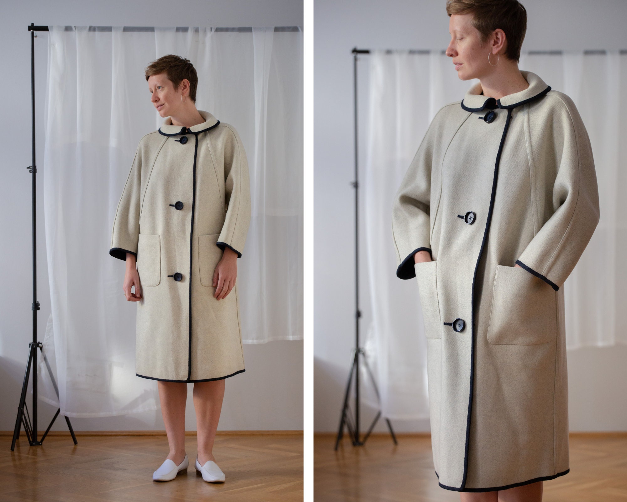 Vintage Reversible Wool Coat in Indigo Blue & off White for