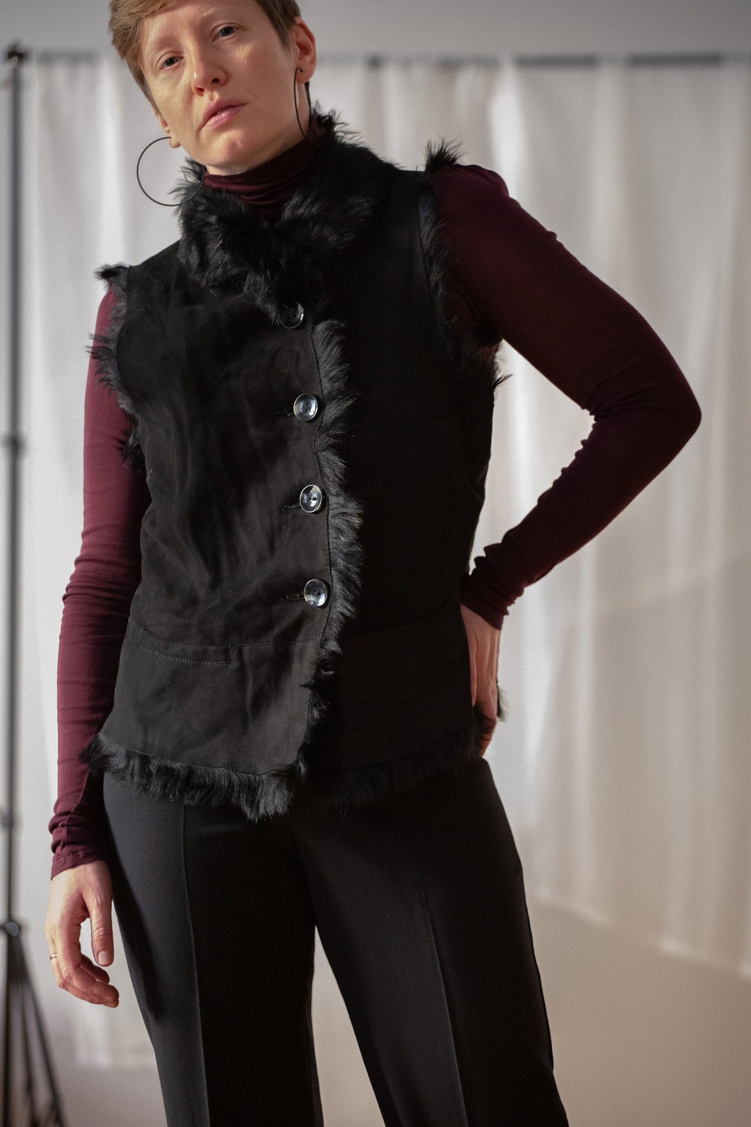 Vintage Schwarze Lammfell Weste Echte Schaffell Lederweste