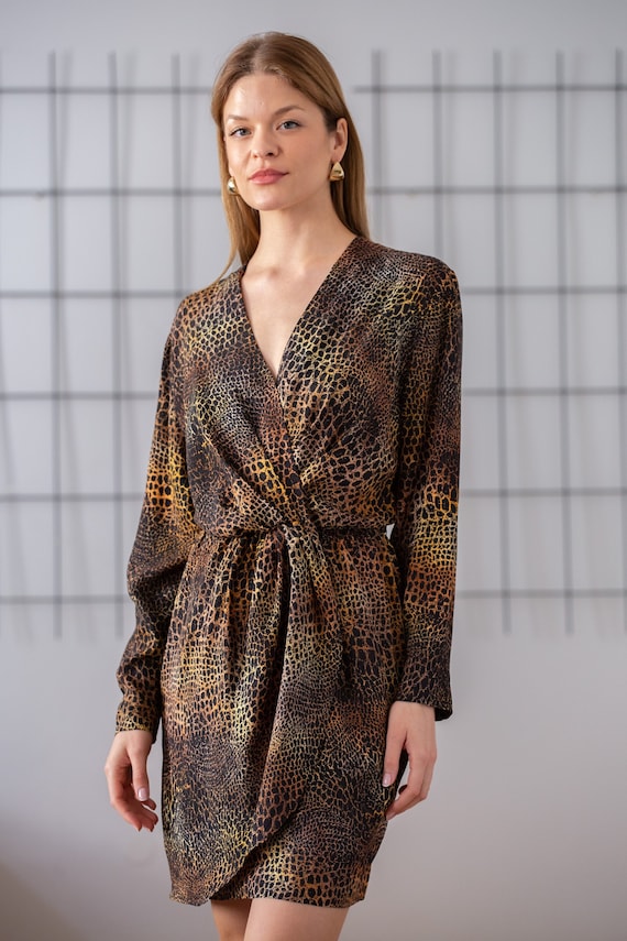 美品◇HIYOSHIYA ハナエモリ ヴィンテージドレス レトロ レース Vintage Hanae Mori 100% Silk Dress in Brown & Black Animal