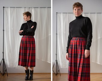 Vintage Pure Wool Pleated Midi Skirt with Red, Blue & Green Plaid Pattern for Women | Size M | Mid Calf Length Long Tartan Skirt NVS955