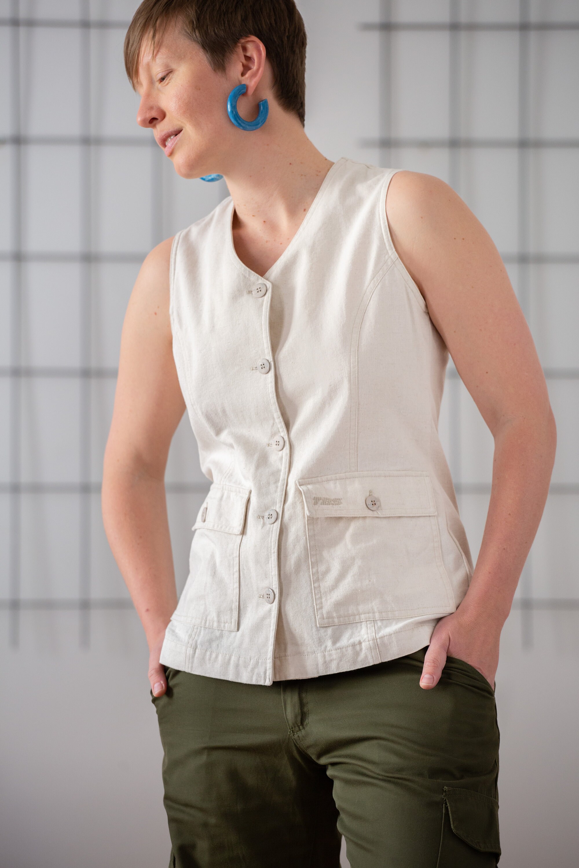 French Vintage Linen Vest Top: Light Beige Cotton Summer