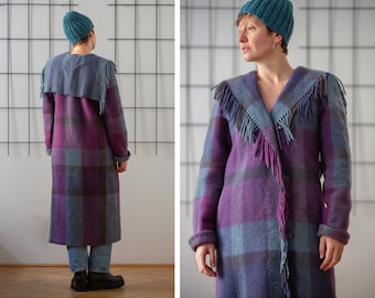 Vintage Pure Wool Fringe Blanket Coat in Purple & Blue for Women | Size S | Colourful Plaid Winter Maxi Overcoat with Sailor Collar NVS979
