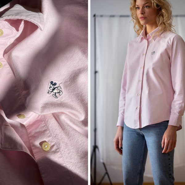 Vintage Button Down Oxford Shirt in Light Pink for Women | Size XS - S | Long Sleeve Cotton Blouse Top with Mickey Mouse Embroidery NVS636