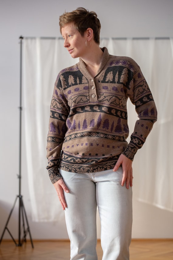 Vintage KRIZIA Novelty Pattern Sweater in Taupe B… - image 2