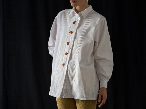 Vintage Folk Cotton Shirt in White with Squirrel … - image 2