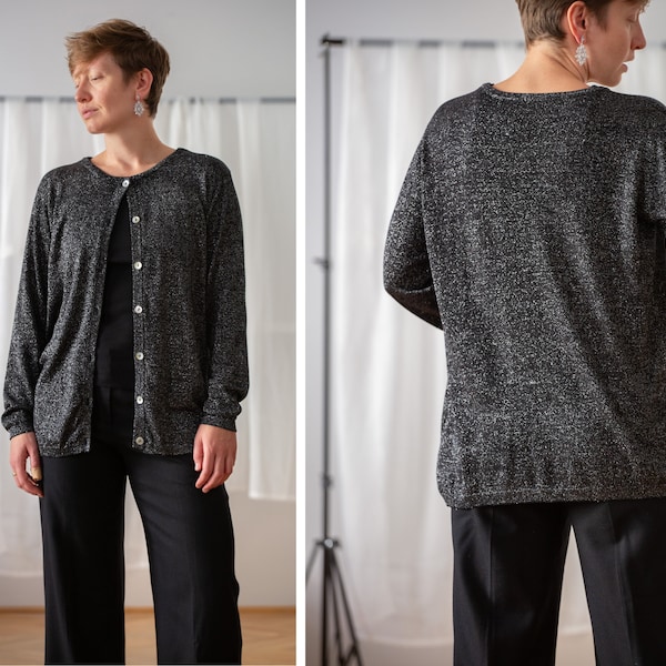 Cardigan en soie vintage en Noir pour femme | Taille XL | Pull boutonné à col rond en maille fine avec fil métallique argenté brillant NVS856