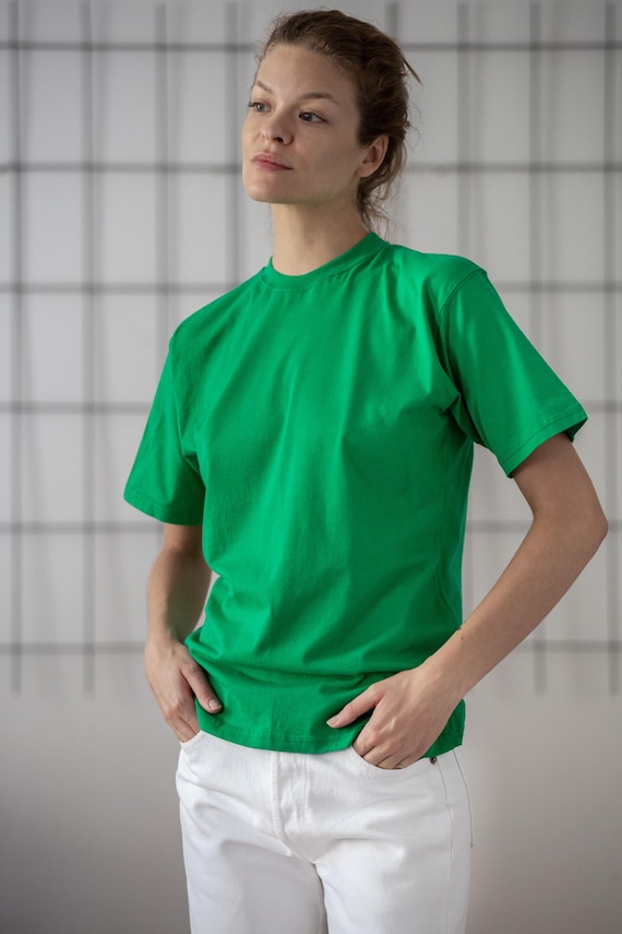 【COLOR iN ID】Big Corsage Short Sleeve Tee Vintage 100% Cotton T Shirt in Bright Green for Women | Size