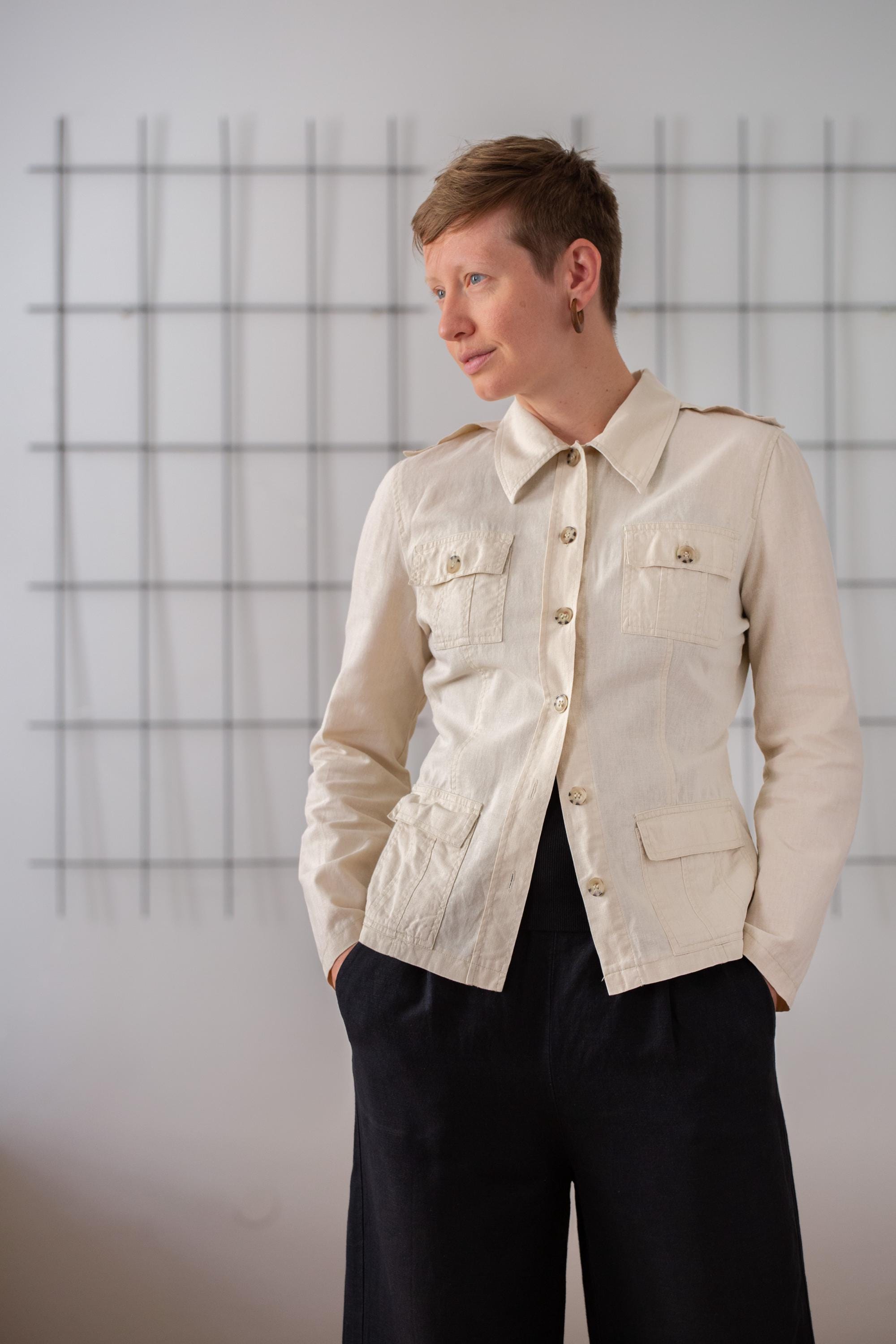 Vintage Linen Safari Jacket in Light Beige for Women | Size