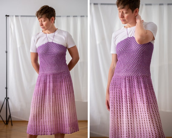 Vintage Hand Crochet Midi Dress in Ombre Lilac fo… - image 1