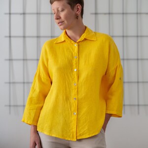 Italian Vintage Button Down Linen Shirt in Bright Yellow for Women