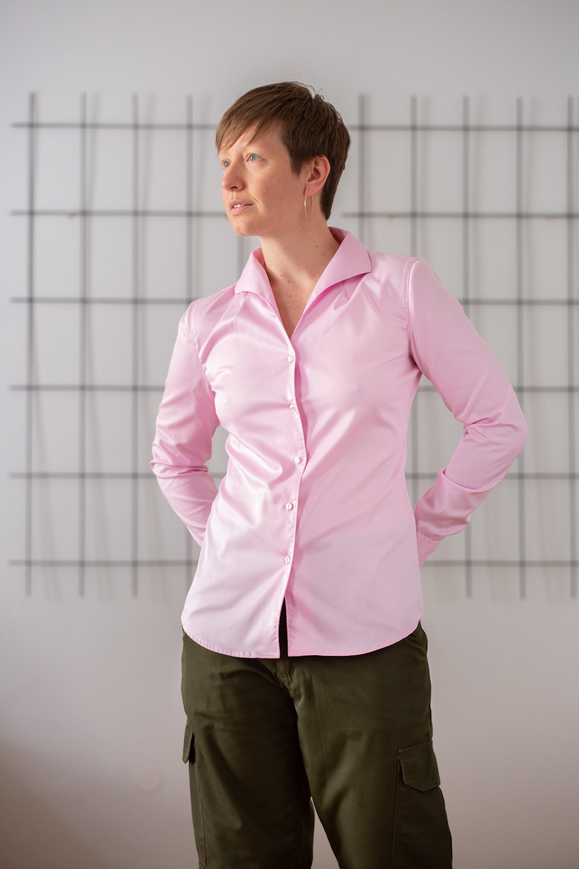 Italian Vintage Cotton Blouse With Open Collar in Light Pink