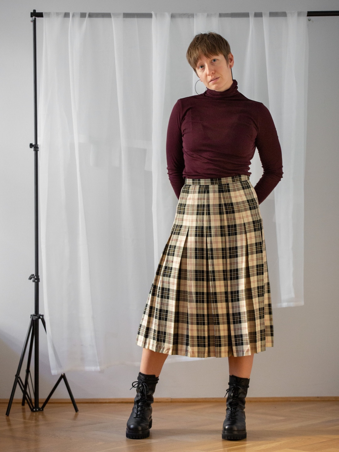 Vintage 100% Silk Pleated Midi Skirt With Cream & Black Plaid - Etsy