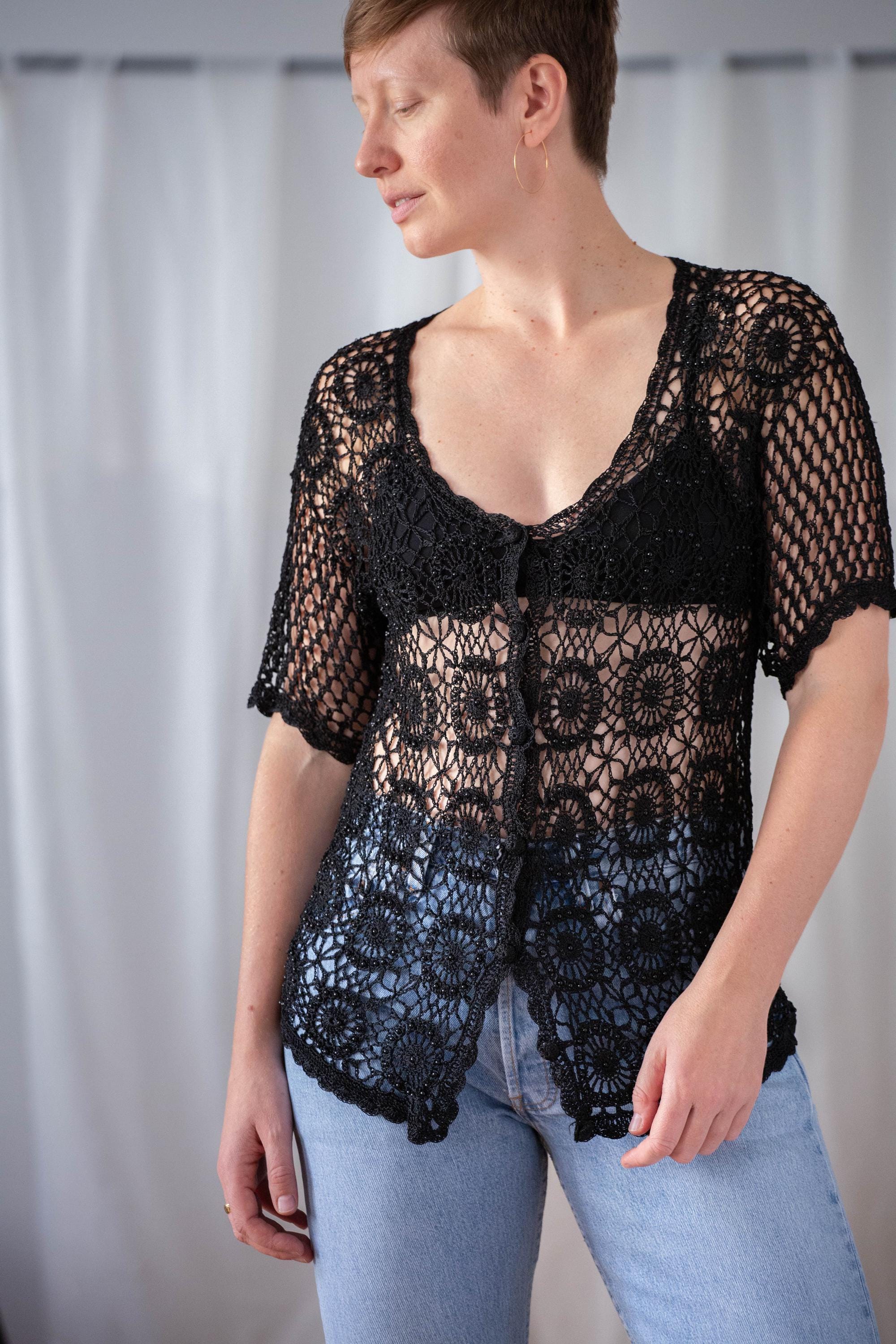 Vintage Black Crochet Cardigan Top: Handmade Boho Sheer Net, Size