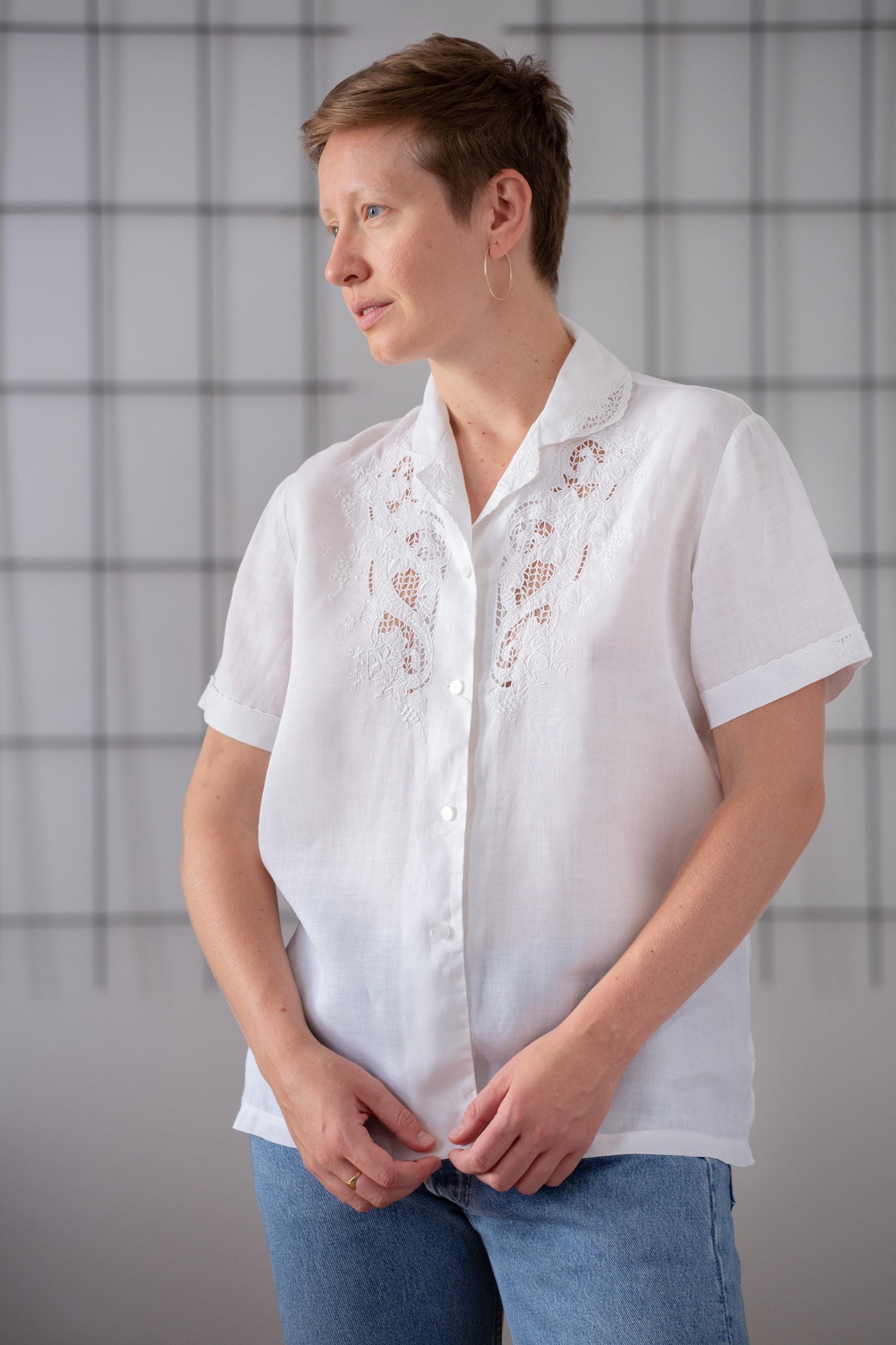 Vintage 100% Linen Blouse in White With Floral Embroidery