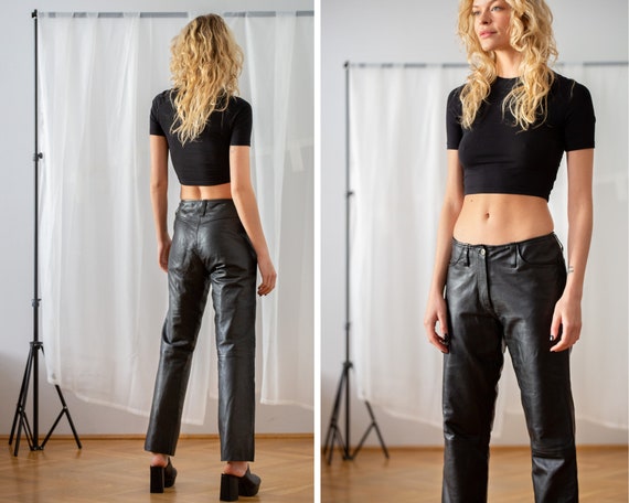 Vintage Genuine Leather Trousers in Black for Women Size S