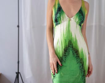 Roberto Cavalli Silk Printed Dress in Grass Green & Cream for Women | Size XS - S | Sleeveless Slim Fit Knee Length V Neck Dress