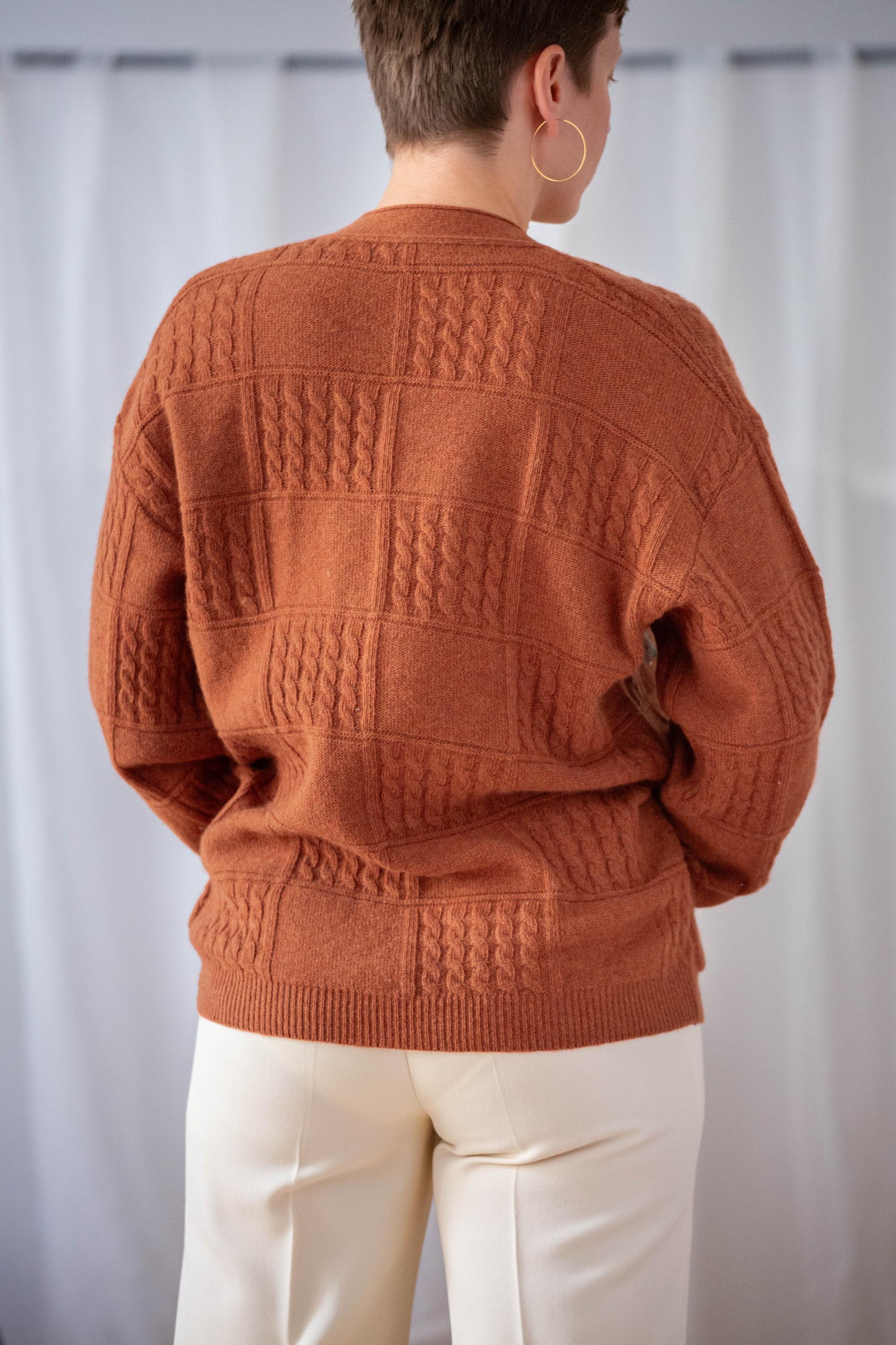 Italian Vintage Lambswool Cardigan: Terracotta Cable Knit