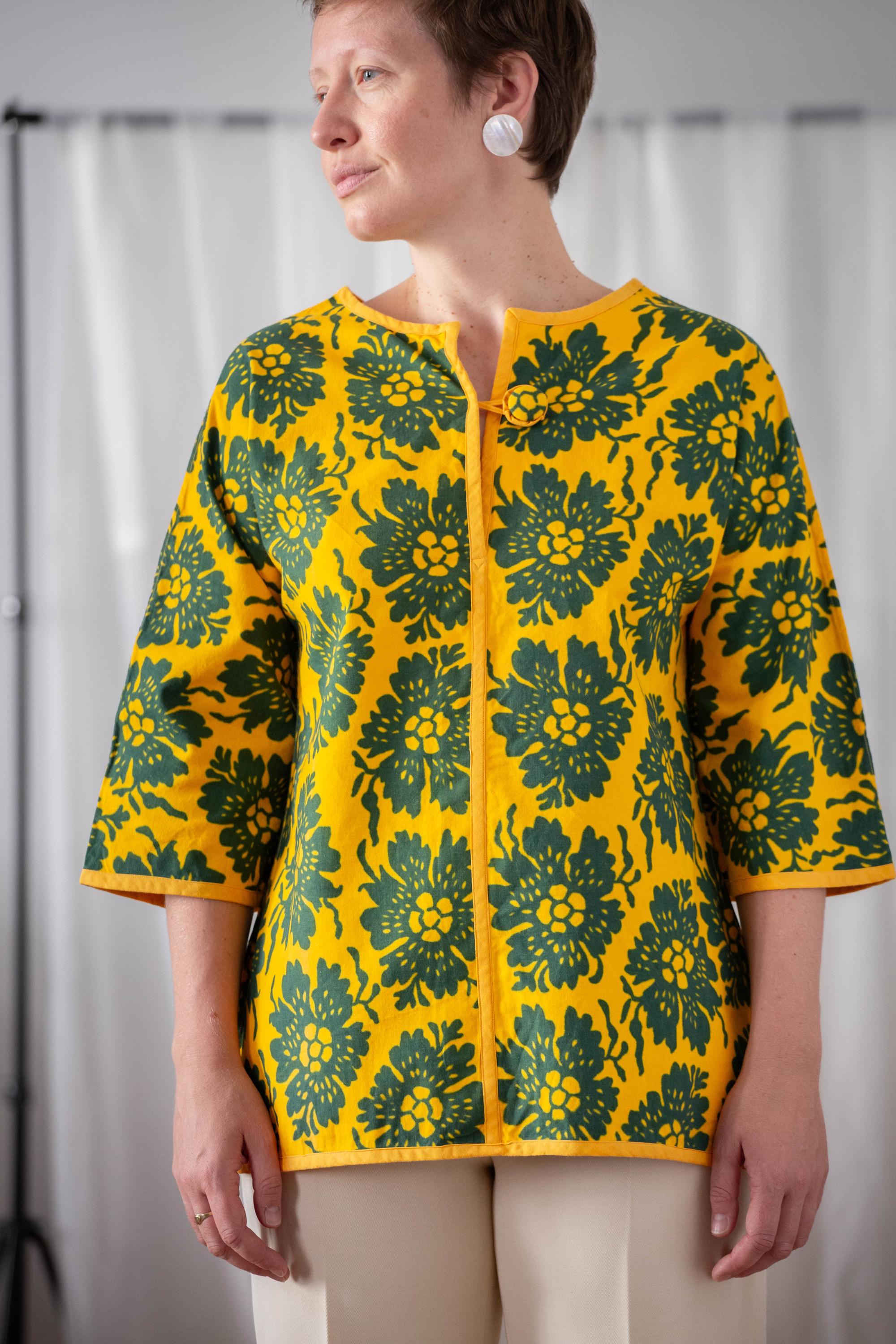 トップス flower print sheer shirt / yellow / S Vintage 1960s Floral Top: 60s Yellow-green Print Shirt, Split Neck