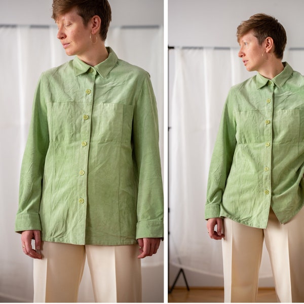 Vintage Genuine Leather Jacket in Pistachio Green for Women | Size EU 40 / M - L | Button Down Straight Collar Overshirt / Shacket NVS831