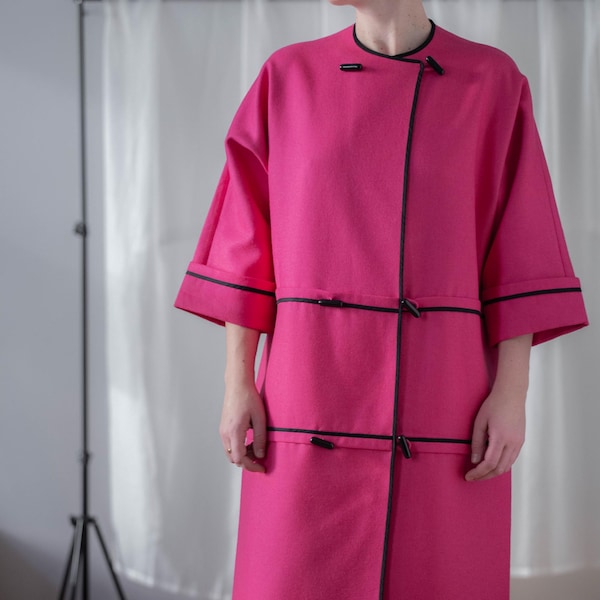 Abrigo vintage de lana rosa fucsia: Chaqueta midi de primavera sin cuello (Talla S-M)