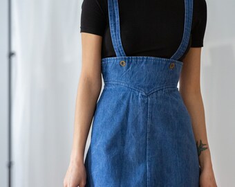 Vintage Denim Pinafore Mini Dress: Blue Cotton A-line Apron