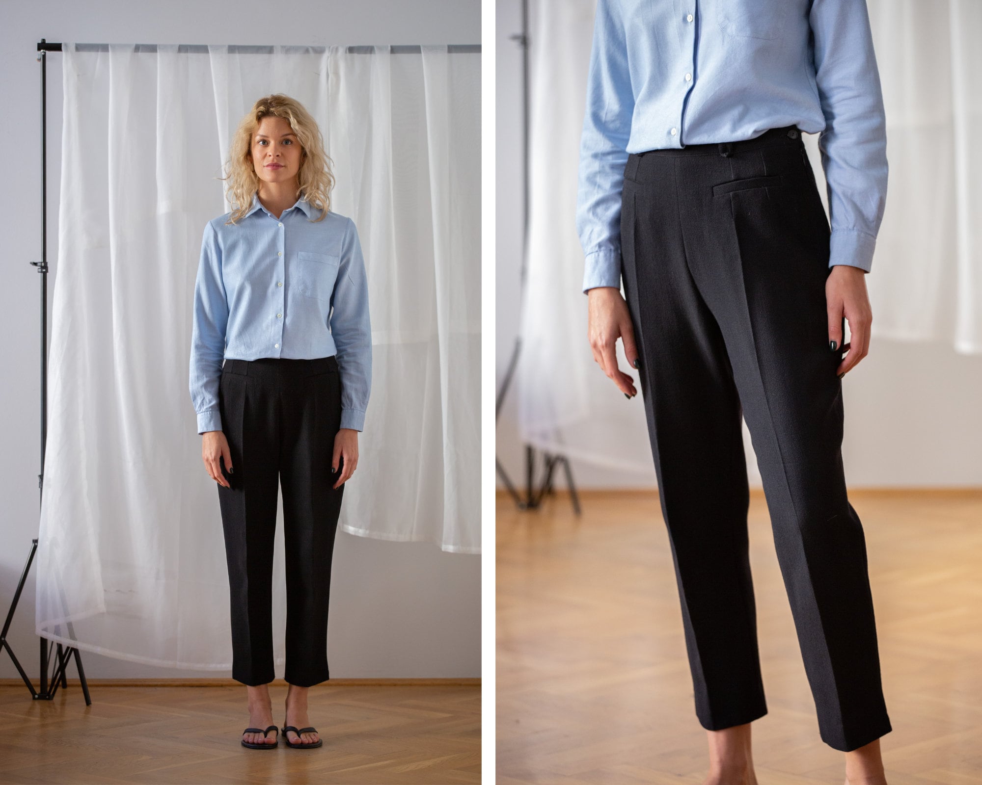 Pantaloni vintage francesi in crêpe di lana 100% in nero per donna