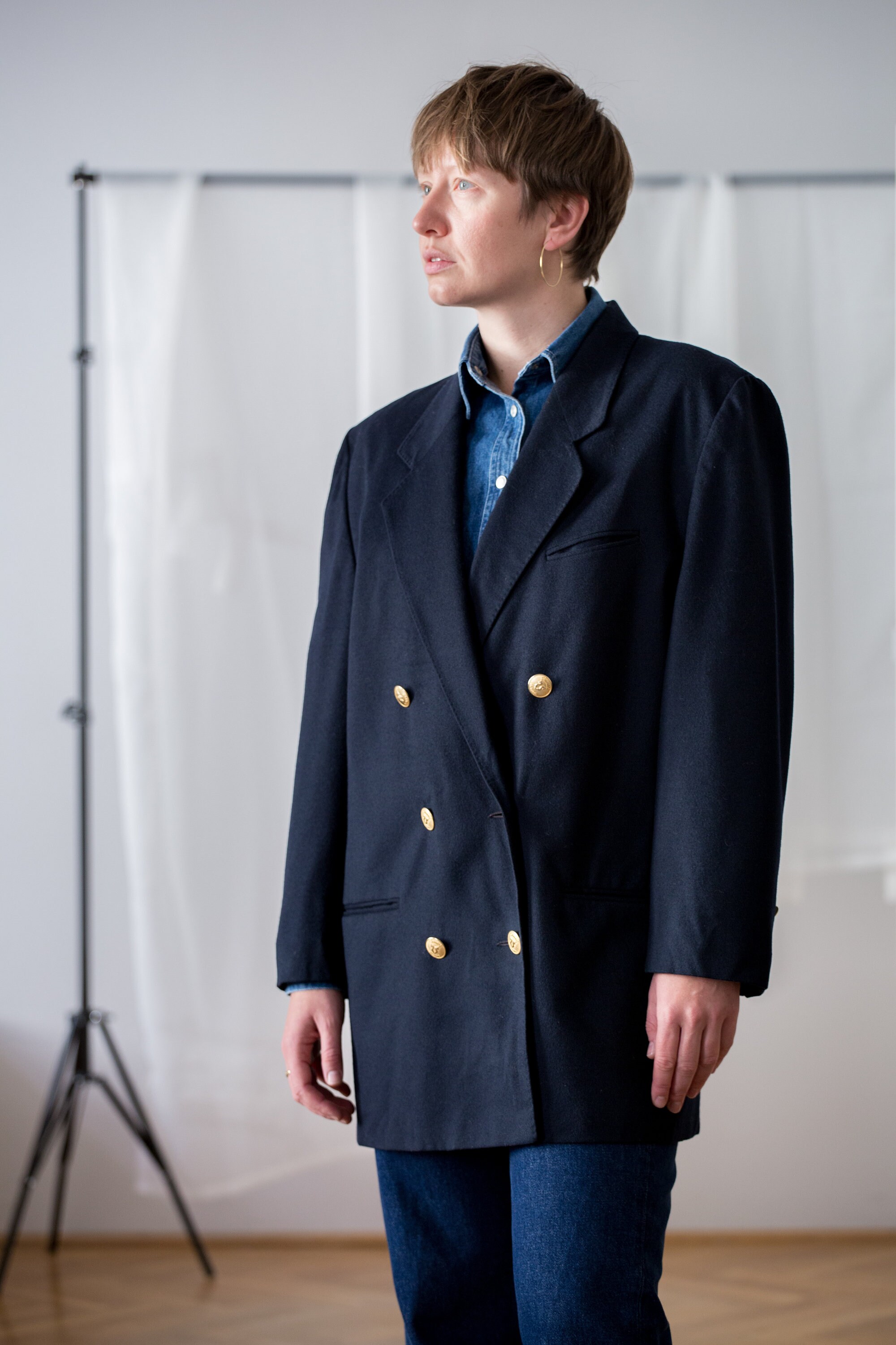 70's Ireland製 Bespoke Double Navy Blazer Vintage bespoke navy blue blazer size 40
