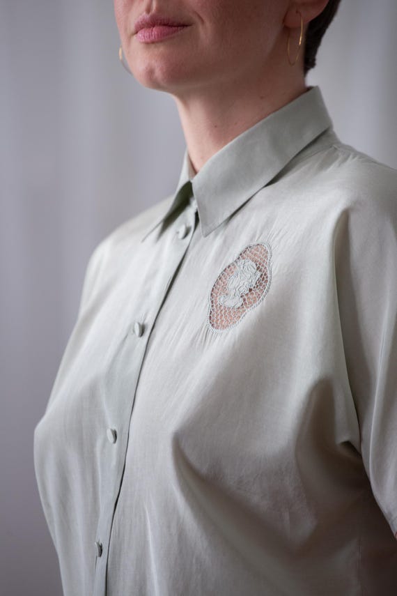Vintage Silk Cotton Shirt: Sage Green Blouse with Short Sleeves (size XS - S), Openwork Detail