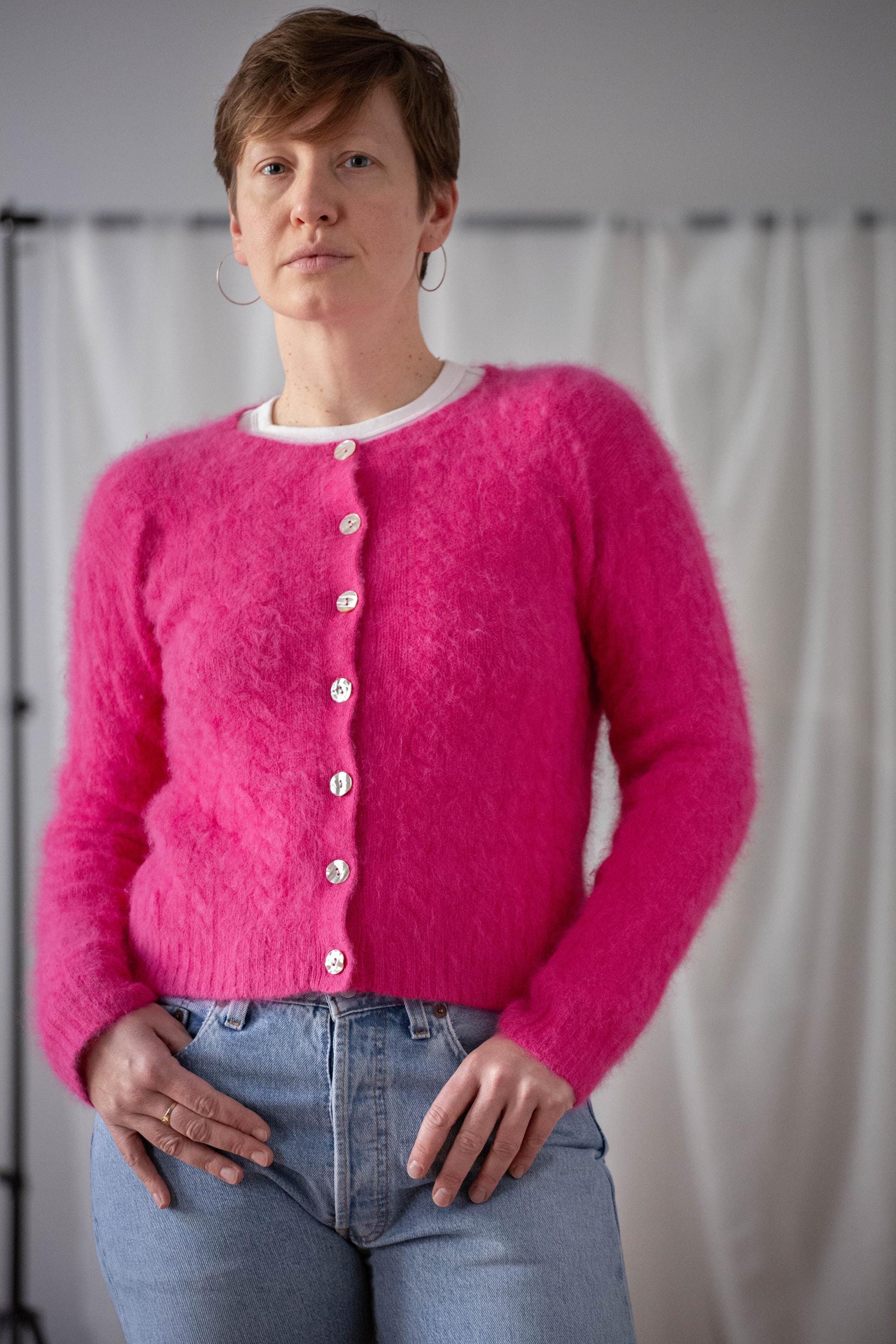 Vintage Hot Pink Angora Cardigan: Cable Knit Sweater With Shell