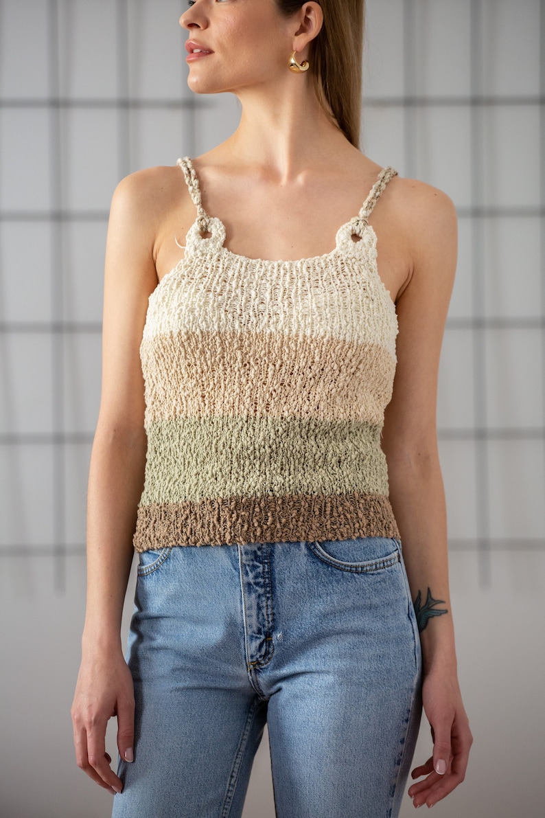 Vintage Hand Knit Strap Top in Earth Tones for Women Size XS Striped