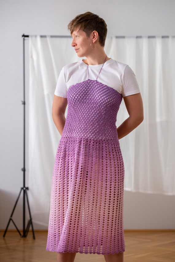 Vintage Hand Crochet Midi Dress in Ombre Lilac fo… - image 7