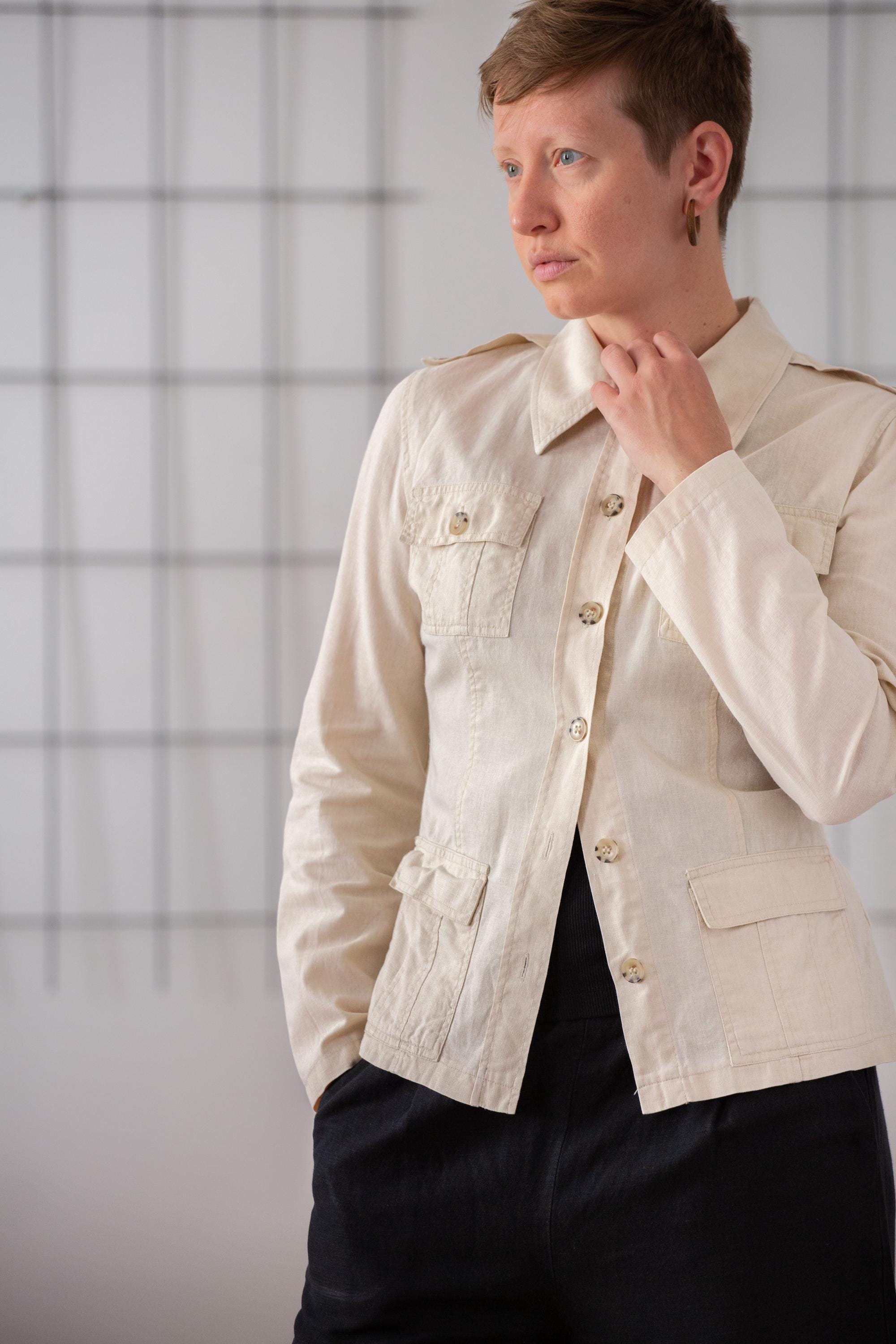 Vintage Linen Safari Jacket in Light Beige for Women | Size