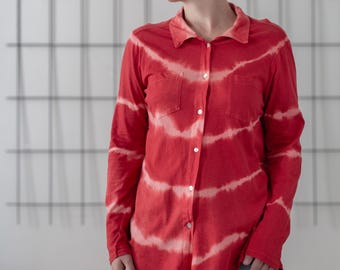 Vintage röd tie dye-skjorta - långärmad bomullstopp med knappar - storlek M