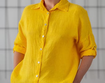 トップス 80s 90s EURO linen open collar shirt ITA Italian Vintage Button Down Linen Shirt in Bright Yellow for