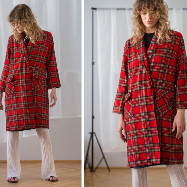 Vintage Red Plaid Housecoat for Women | Size XS - S | Long Sleeve Pure Wool Tartan Bathrobe / Lightweight Coat with Shawl Collar NVS332