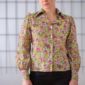 Vintage 1960s Floral Blouse in Pink, Yellow & Green for Women Buttoned Open Collar Puff Sleeve Colourful Flower Pattern Top NVS1041 image 1