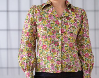 Vintage 1960s Floral Blouse in Pink, Yellow & Green for Women | Buttoned Open Collar Puff Sleeve Colourful Flower Pattern Top NVS1041