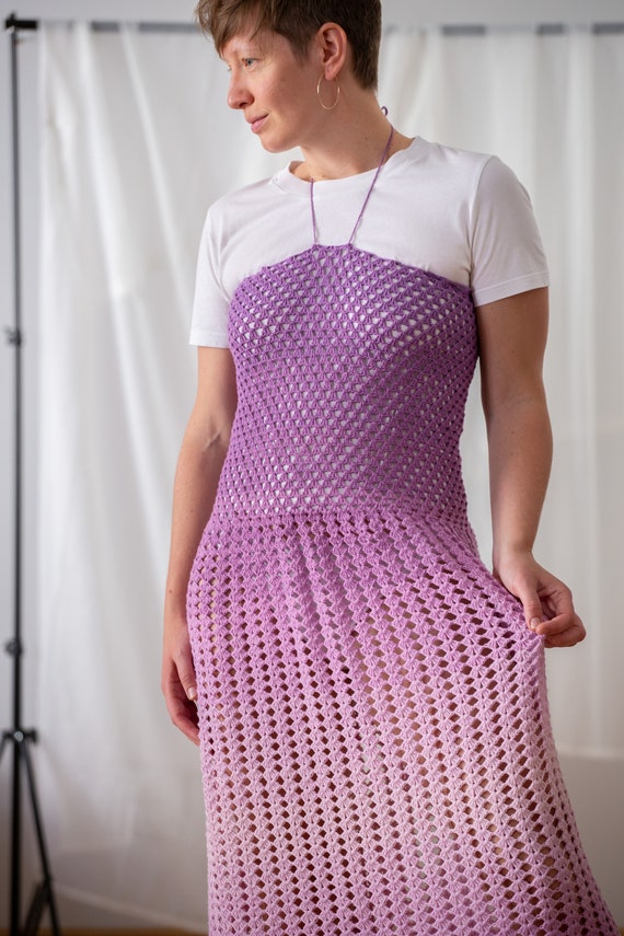 Vintage Hand Crochet Midi Dress in Ombre Lilac fo… - image 4