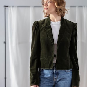 Austrian Vintage Velvet Blazer in Dark Moss Green for Women | Size XS | Puffy Sleeve Lapel Collar Short Jacket. Made in Austria NVS1482
