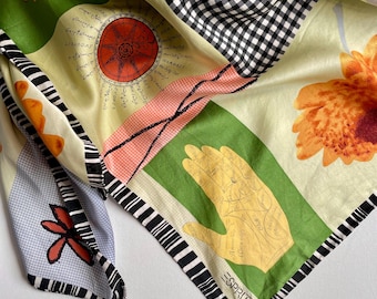 Vintage Esprit Silk Neck Scarf in Green, Orange, Black & White for Women | Mixed Print Foulard with Multicolor Novelty Pattern NVS1679