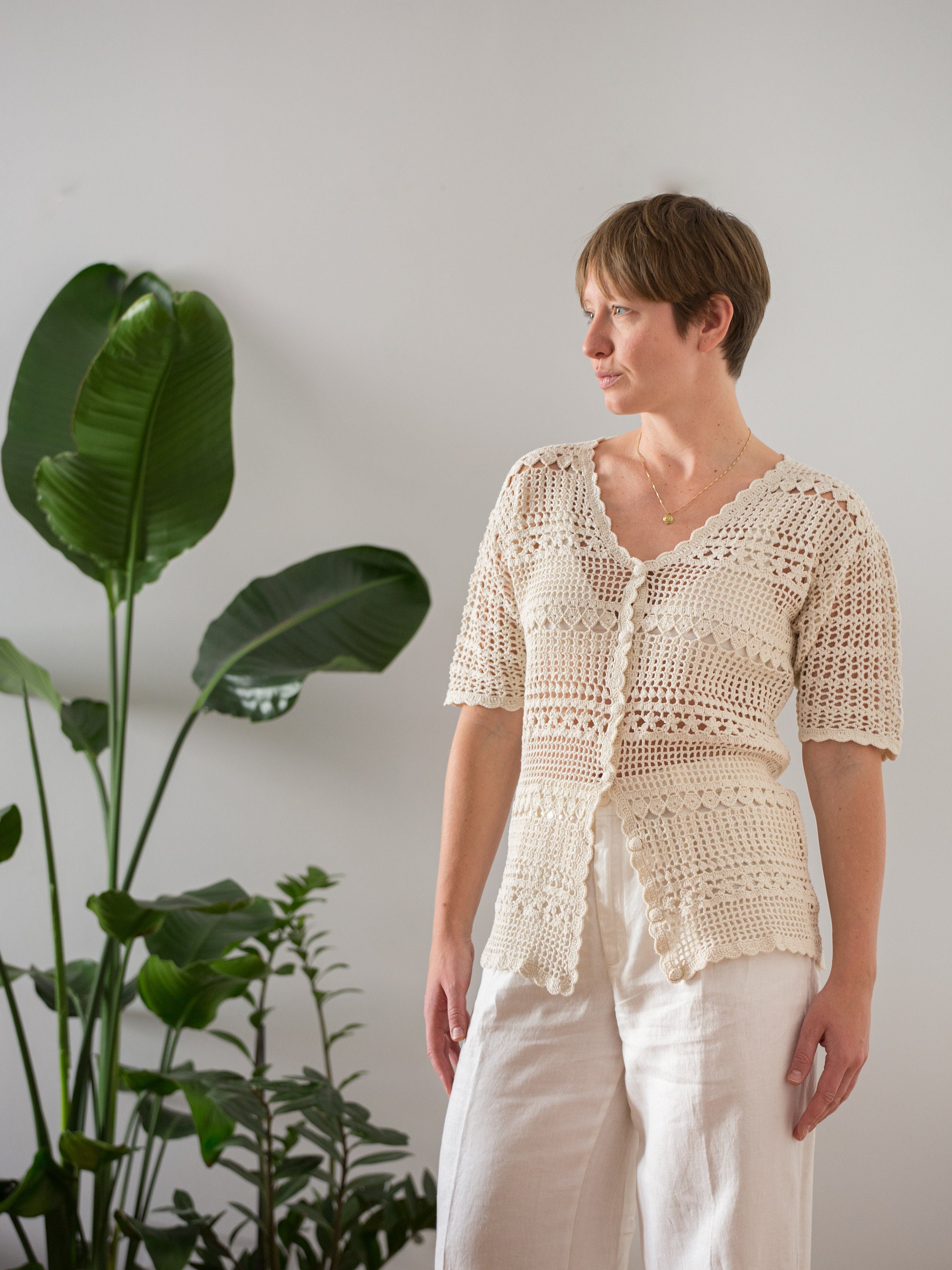 Vintage Open Weave Cotton Crochet Top in Beige for Women Free Size