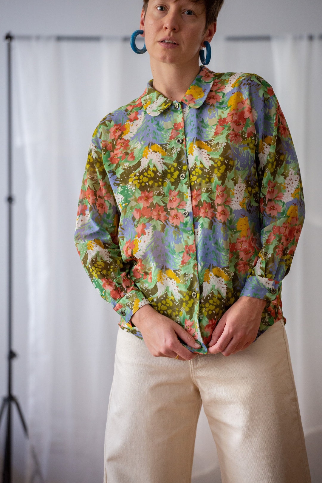 Women Autumn Retro Pure Color Cotton Blouse
