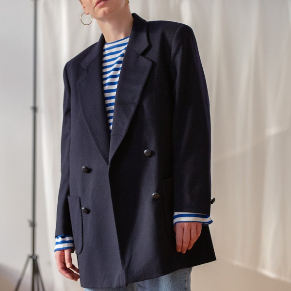 Vintage Wool Cashmere Blazer: Navy Blue Oversized Double Breasted Jacket (Size M)