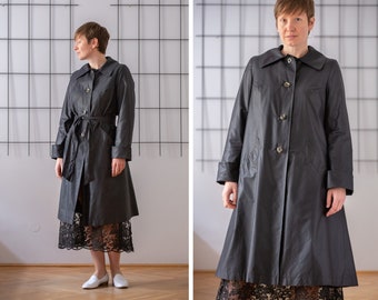 Vintage Midi Trench Coat in Off Black for Women | Size EU 36 | Buttoned Long Flared Belted Spring Jacket with Large Collar NVS1096