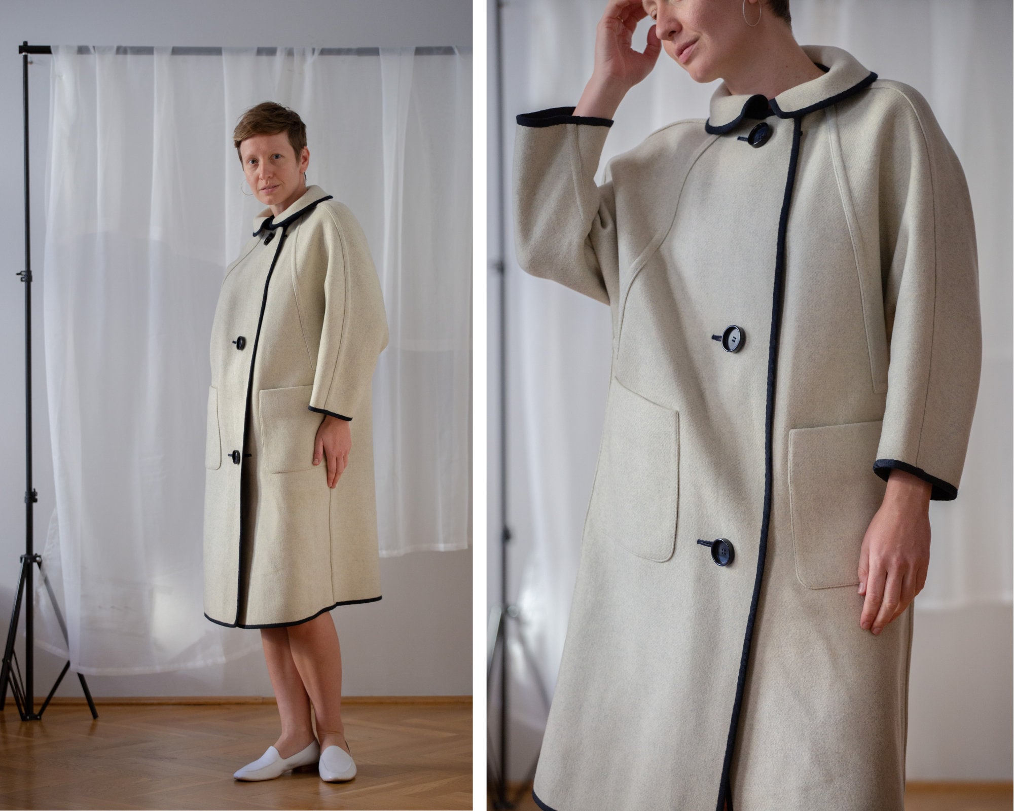 Vintage Reversible Wool Coat in Indigo Blue & off White for