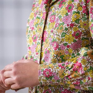 Vintage 1960s Floral Blouse in Pink, Yellow & Green for Women Buttoned Open Collar Puff Sleeve Colourful Flower Pattern Top NVS1041 image 3